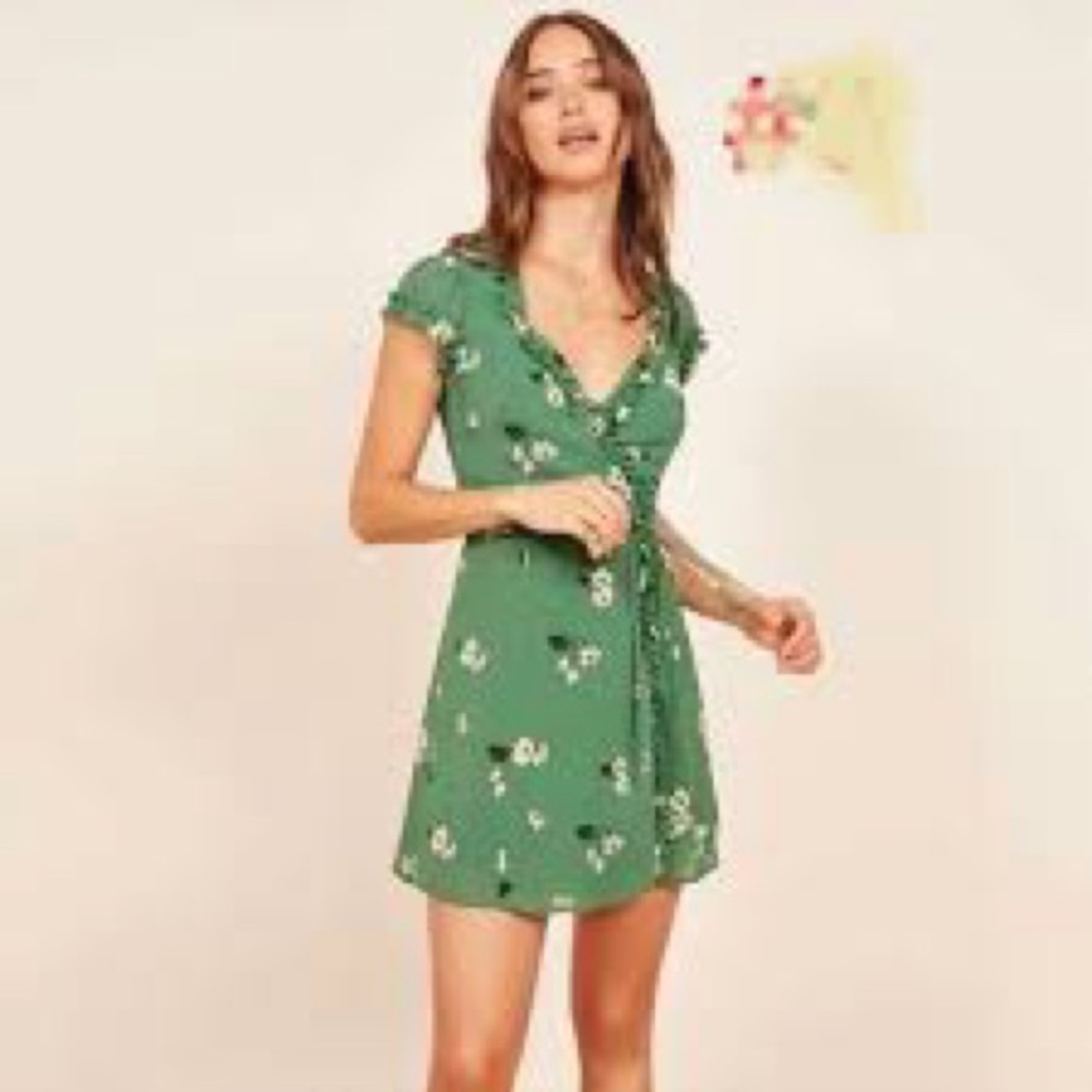 Reformation Floral Green Wrap Dress